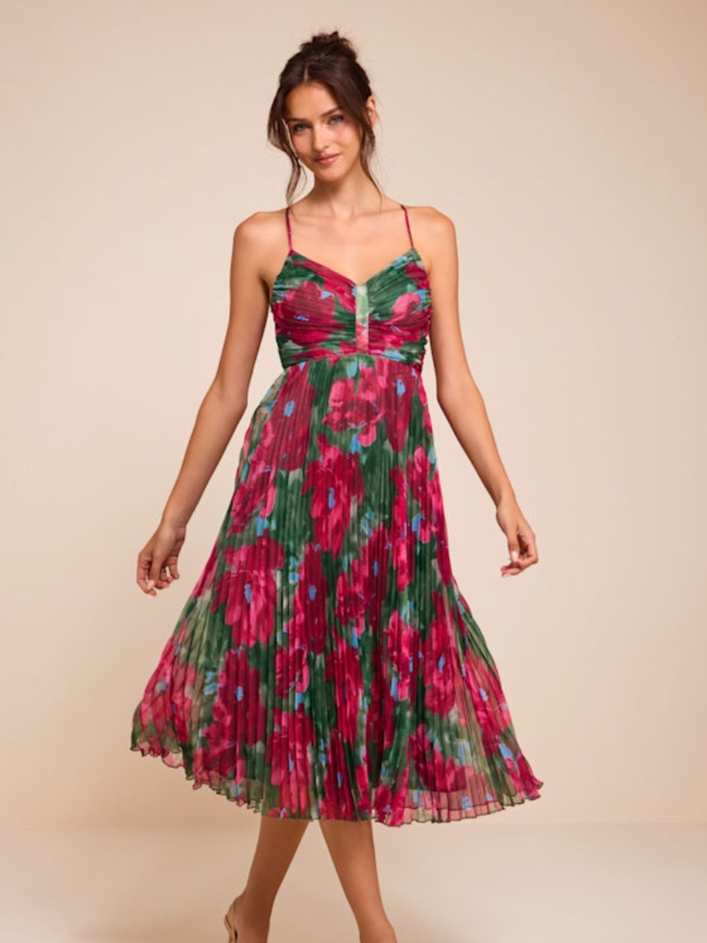 Lulus Whitley Green Multi Floral Pleated Sleeveless Midi Dress - Size XS